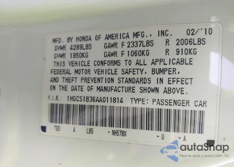 2010 Honda Accord 2.4 Lx-S from USA, damaged, VIN 1HGCS1B36AA011814